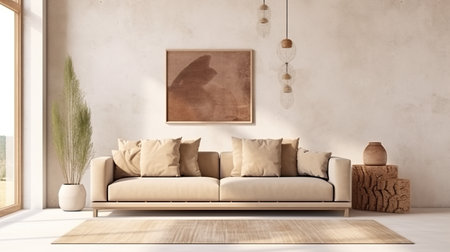 A living room with a couch and a rug. Generative AI image.の素材