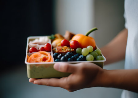 A person holding a container of fruit and vegetables. Generative AI image.の素材