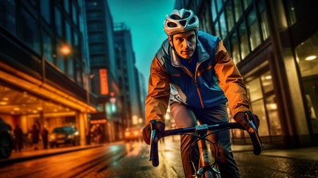 A man riding a bike down a city street. Generative AI image.の素材