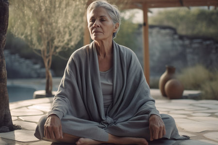 A woman sitting in a yoga position on a patio. Generative AI image.の素材