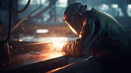 A man in a welding mask working on a piece of metal. Generative AI image.の素材