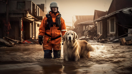 Volunteers resque dogs in flooded zone, natural disaster resque efforts, generative AIの素材