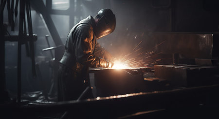 A man in a welding mask working on a piece of metal. Generative AI image.の素材