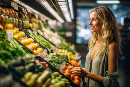 A woman standing in front of a produce section. Generative AI image.の素材