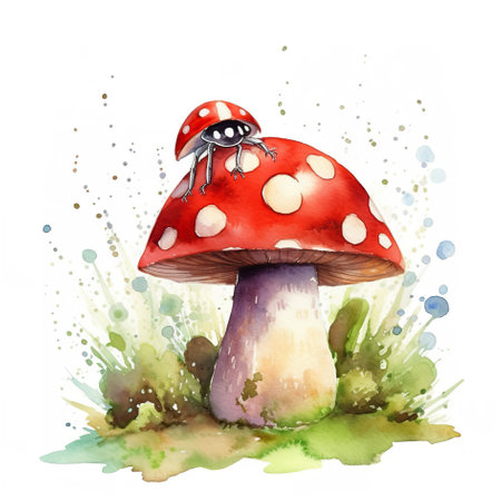 A lady bug sitting on top of a mushroom. Generative AI image.の素材