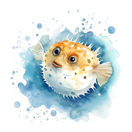 A watercolor painting of a puffer fish. Generative AI image.の素材