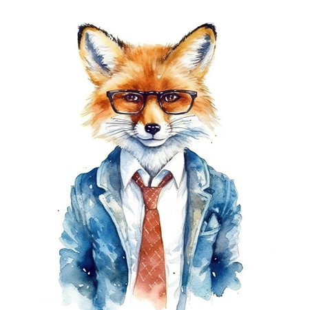 A watercolor painting of a fox wearing a suit and tie. Generative AI image.の素材