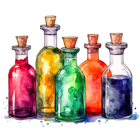 A group of bottles with different colored liquids in them. Generative AI image.の素材