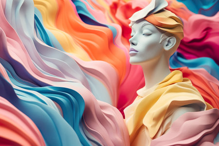A mannequin wearing a colorful hat and scarf. Generative AI image.の素材