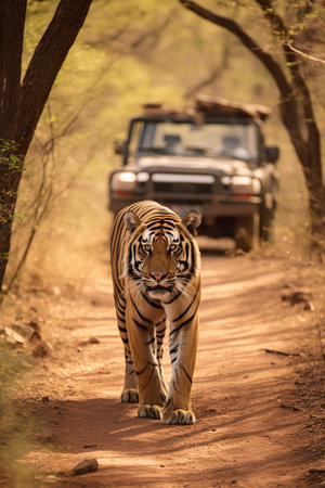 A tiger walking down a dirt road next to a truck. Generative AI image.の素材