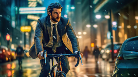 A man riding a bike in the rain. Generative AI image.の素材