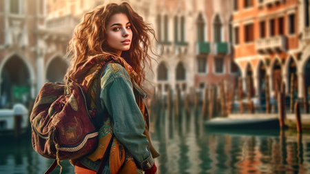 A woman traveller with backpack in central Venice, generative AI.の素材