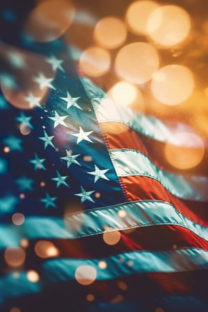 A close up of an american flag with lights in the background. Generative AI image.の素材