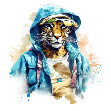 A painting of a tiger wearing a hoodie. Generative AI image.の素材