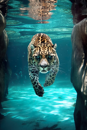 A leopard swimming in a pool of water. Generative AI image.の素材