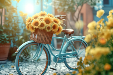 A blue bicycle with a basket of sunflowers on it. Generative AI image.の素材