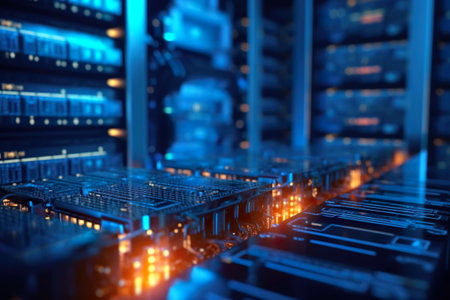 A row of servers in a server room. Generative AI image.の素材