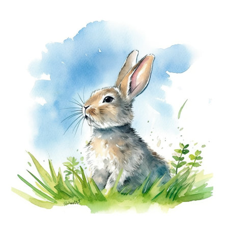 A watercolor painting of a rabbit sitting in the grass. Generative AI image.の素材