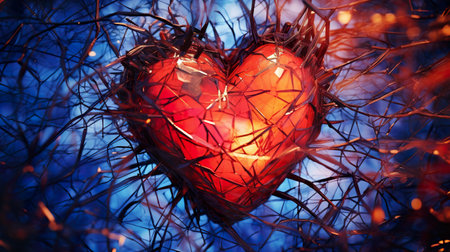 A red heart hanging from the branches of a tree. Generative AI image.の素材