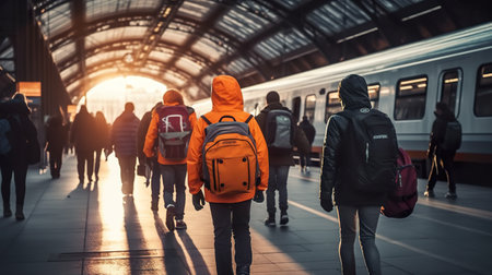 A group of people with backpacks walking towards a train. Generative AI image.の素材