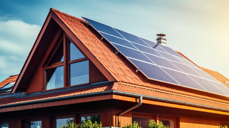 A house with solar panels on the roof. Generative AI image.の素材