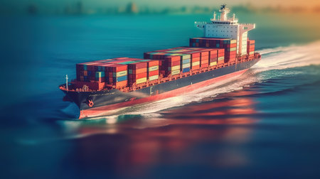 A large container ship traveling across a body of water. Generative AI image.の素材