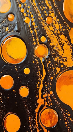 An abstract painting of orange and black bubbles. Generative AI image.の素材