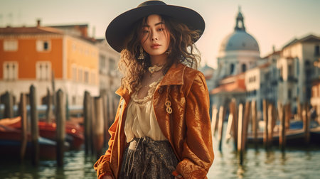 A woman standing in front of a body of water. Generative AI image.の素材
