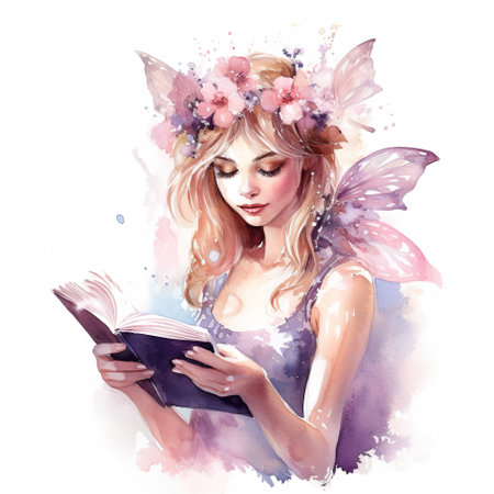 A woman with a flower crown reading a book. Generative AI image.の素材