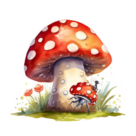 A lady bug sitting on top of a mushroom. Generative AI image.の素材