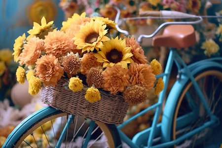 A bicycle with a basket full of flowers. Generative AI image.の素材