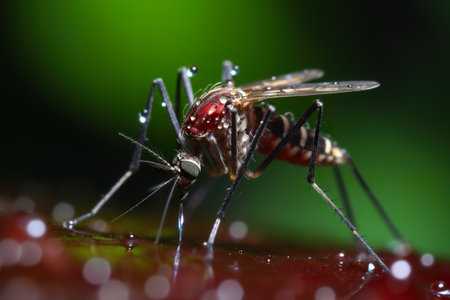 A close up of a mosquito on a leaf. Generative AI image.の素材