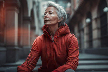 A woman in a red jacket sitting on steps. Generative AI image.の素材