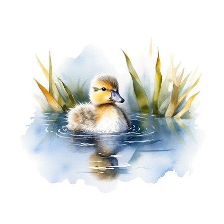 A watercolor painting of a duck in a pond. Generative AI image.の素材
