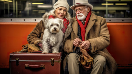 A man and woman sitting on a bench with a dog. Generative AI image.の素材