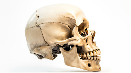 A close up of a human skull on a white background. Generative AI image.の素材