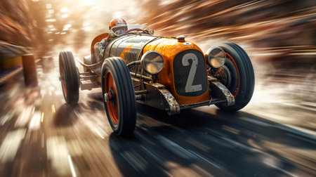 A vintage race car speeding down a track. Generative AI image.の素材