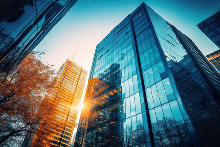 The sun shines through the windows of a tall building. Generative AI image.の素材