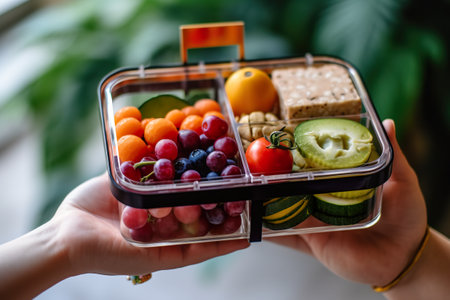 A person holding a plastic container filled with fruit and vegetables. Generative AI image.の素材