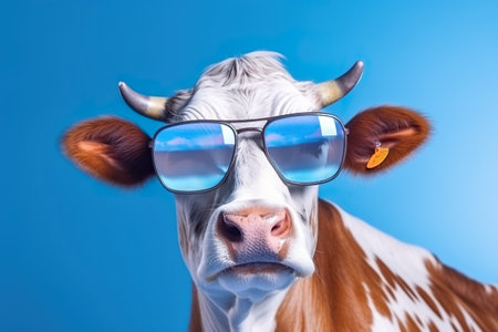 A brown and white cow wearing sunglasses on a blue background. Generative AI image.の素材