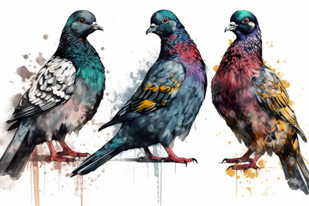 Three colorful birds sitting on top of a white surface. Generative AI image.の素材