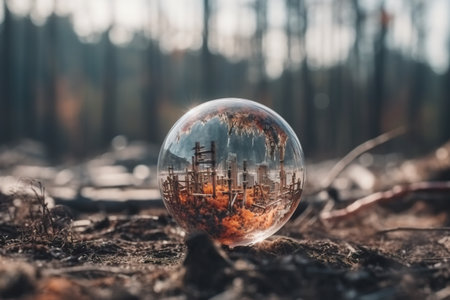 A glass ball sitting on top of a dirt field. Generative AI image.の素材