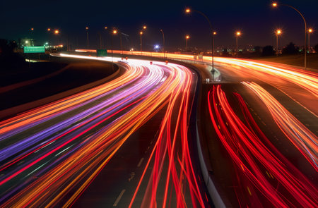 A long exposure photo of a highway at night. Generative AI image.の素材