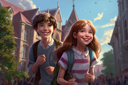 A boy and a girl are walking down the street. Generative AI image.の素材