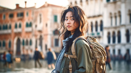 A woman with a backpack standing in front of a building. Generative AI image.の素材