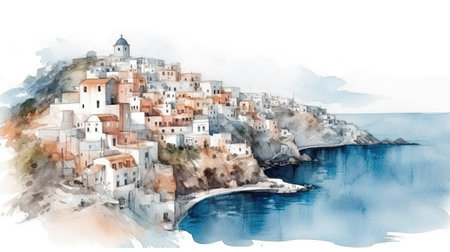 A watercolor painting of a village on a cliff. Generative AI image.の素材