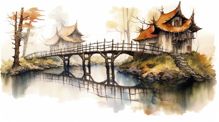 A watercolor painting of a bridge over a body of water. Generative AI image.の素材