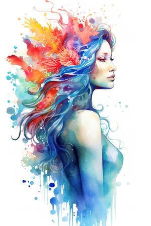 A painting of a woman with colorful hair. Generative AI image.の素材