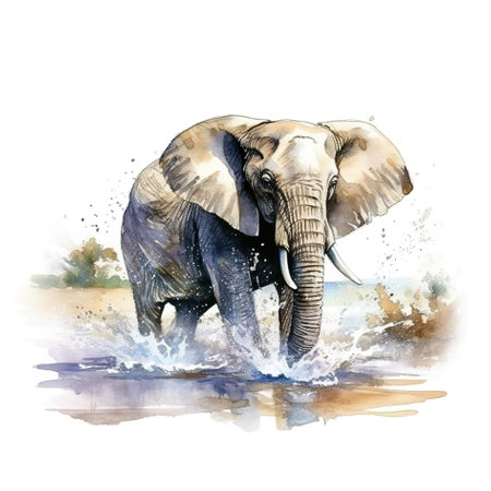 A watercolor painting of an elephant in the water. Generative AI image.の素材