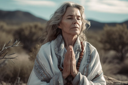 A woman with her eyes closed in prayer. Generative AI image.の素材